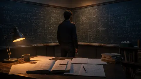 A researcher facing two chalkboards covered with polynomial maps and curve sketches in a dark mathematics room
