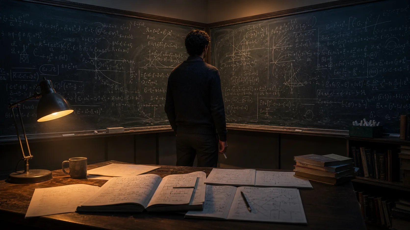 A researcher facing two chalkboards covered with polynomial maps and curve sketches in a dark mathematics room