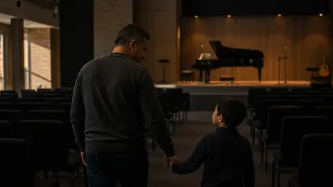 A father holding his son's hand in an empty church sanctuary with a piano on the stage behind them