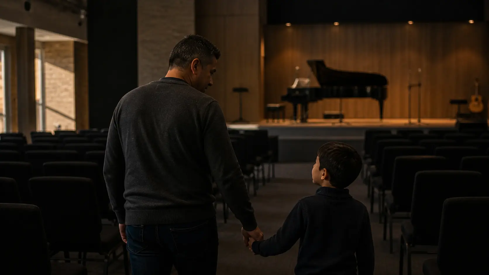 A father holding his son's hand in an empty church sanctuary with a piano on the stage behind them