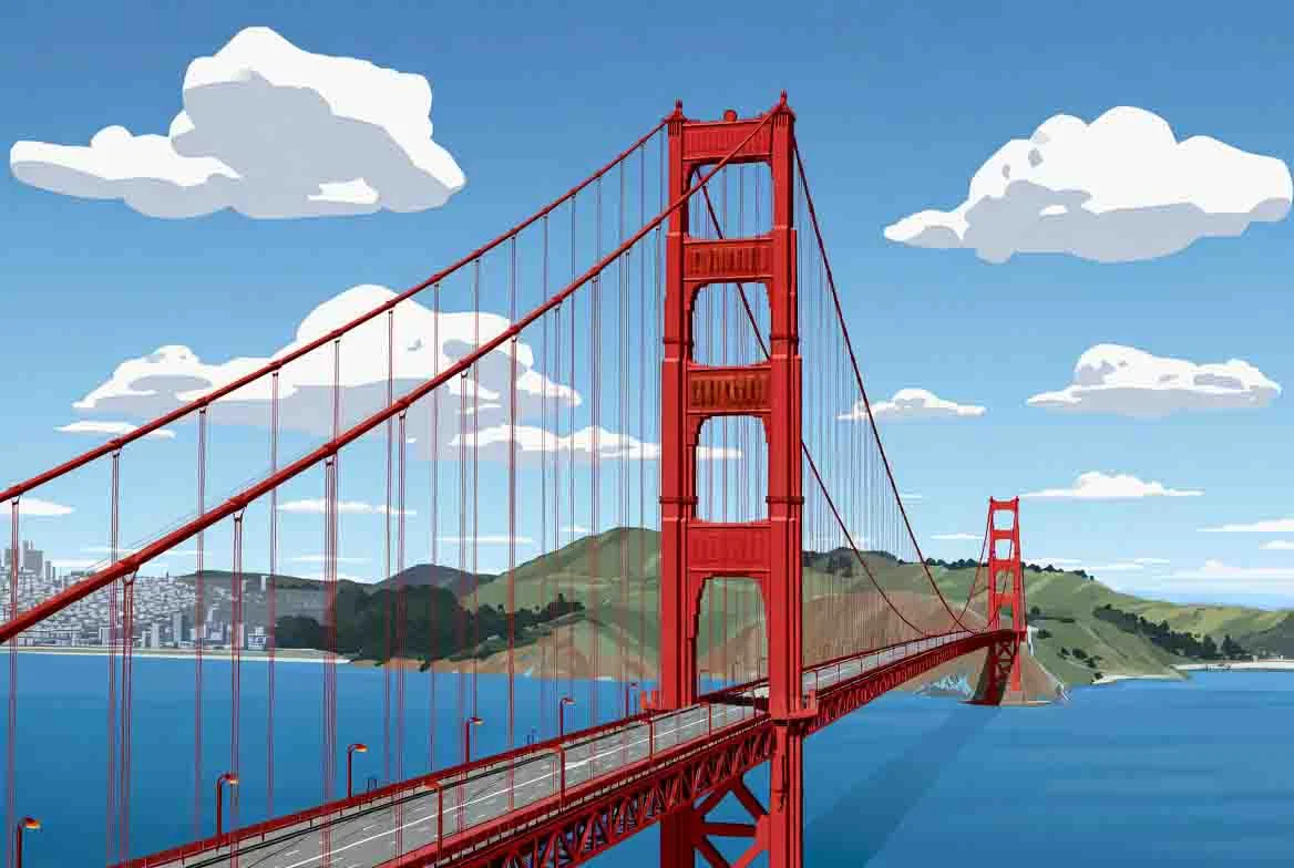 Illustration of the Golden Gate Bridge over San Francisco Bay